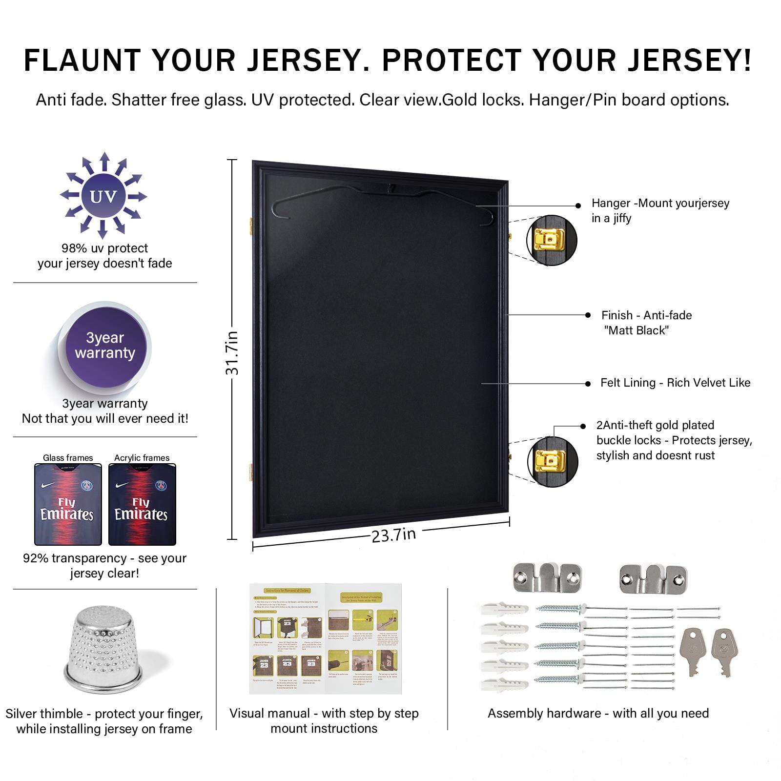 98% UV Protection Jersey Display Frame (fits NFL, Football, NHL, MLB and Rugby)